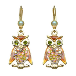 Kirks Folly Woodland Baby Owl Enameled Leverback Earrings Goldtone w/Crystals - Picture 1 of 2