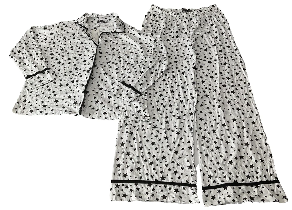 Conjunto de Pijama Boohoo Mujer Talla 12 Blanco Negro Estrellas Botón Delantero Pierna Ancha Elástico Foto 1 de 4
