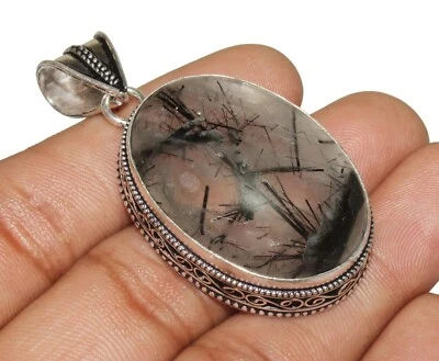 Colgante de piedras preciosas de rutilo negro hecho a mano de plata de ley 925 colgante de joyería Foto 1 de 2