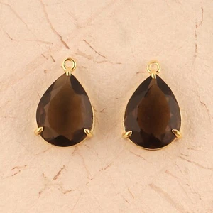 Par de conectores de pendientes hágalo usted mismo de cuarzo ahumado enchapado en oro de 24 k de corte facetado en forma de pera - Imagen 1 de 3