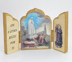 Vintage 1960's Miniature 3" Wooden Triptych/Our Lady of Fatima/I Prayed For You - Picture 1 of 15