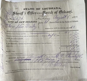 Antiguo 1870 NUEVO ORLEANS Louisiana NOLA Orleans Parroquia IMPUESTOS Recibo Depósito Sheriff - Imagen 1 de 12