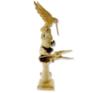 Wood Hummingbird Sculpture Figurine - Perched Hummingbird Carved Statue Jempinis - Picture 1 of 7