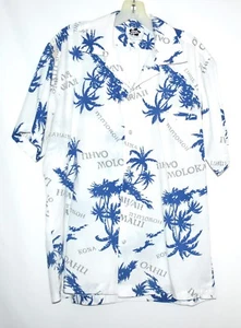 Hilo Hattie Hawaiian White Blue Palm Trees Island Names Mens Shirt Size L USA - Picture 1 of 6