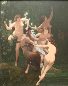 Large Early 20th C French Oil On Board. Les Nymphes & Satyre. Signed - Picture 1 of 7