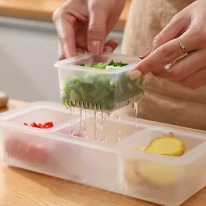 Food Storage Container with Sealed Lid Drainer 3 Compartments Divided Refrigerat - Picture 1 of 12