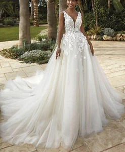 3D Floral Lace Bodice Wedding Dress Bridal Gown Custom made 2-28W Straps Ivory - Picture 1 of 7
