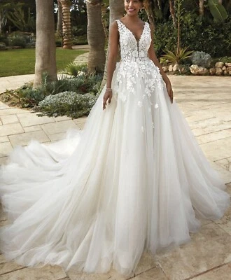 3D Floral Lace Bodice Wedding Dress Bridal Gown Custom made 2-28W Straps Ivory - Image 1 of 4