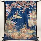 Kimono en soie japonaise vintage furisode or bleu voiture fleur herbe pin prune 65"