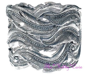 Wide Silver Feather Filigree Lattice Pharaoh Bracelet Cuff w/ Swarovski Crystals - Picture 1 of 1
