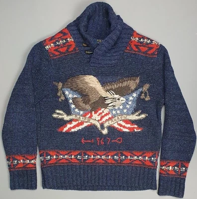 Ralph Lauren Knit Jumper Eagle USA Mens Size Small Sweater Wool Fair Isle Shawl - Image 1 of 4