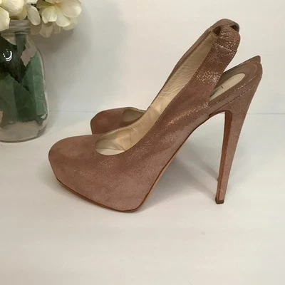 Sapatos femininos Brian Atwood tamanho 9 salto plataforma cintilante salto alto ouro rosa - Imagem 1 de 4