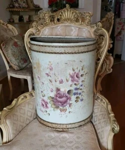 Vintage Toleware Metal Light 1960’s Light Green Hamper Mid Century Hand Painted - Picture 1 of 16