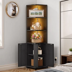 71" Cabinet with Doors Adjustable Shelves Wooden LED Lights Storage Living Room - Picture 1 of 11