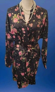 Robe Kimono Victoria's Secret Pink Label,Blk&Pink Rose Short Satin Pocket Belted - Picture 1 of 24