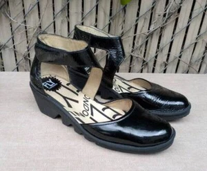 Fly London PIAT Black Patent Leather Ankle Strap Wedge Shoes 38 7.5 US - Picture 1 of 7