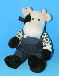 Adorable Rare Cow Jointed Plush w/Denim Overalls & Spotted Shirt 12" L@@K - Imagen 1 de 3