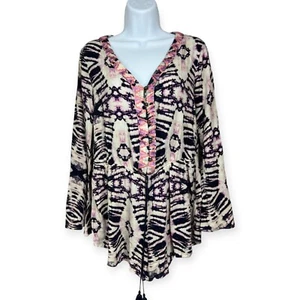 XHILARATION tunica top donna L ricamato manica a campana boho festival cravatta tinta unita nappa - Foto 1 di 17