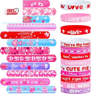 48 Pcs Valentines Slap Bracelets Rubber Bracelets Valentines Party Favors Gifts - Picture 1 of 12