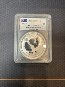 2017 AUSTRALIA 1 OZ SILVER YEAR OF THE ROOSTER PCGS MS70 MERCANTI SIGNATURE - Picture 1 of 2