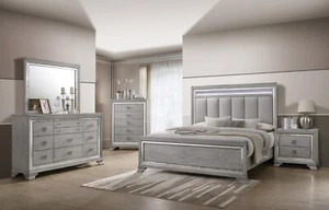Modern Glam Style 6pc Queen Size Light Gray LED HB Solid Wood Bedroom Furniture - Picture 1 of 10