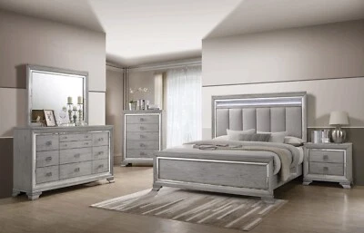 Modern Glam Style 6pc King Size Light Gray LED HB  Solid Wood Bedroom Furniture - Image 1 of 4