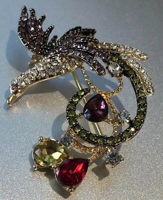 10k Gold Plated Phoenix Bird Brooch Multicolor Austrian Rhinestone Prong Crystal - Image 1 of 4
