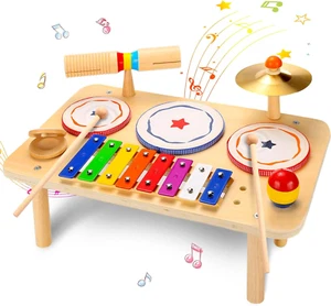 Kids Drum Set, Baby Musical Instruments Toys for Toddlers, 9 in 1 Wooden Xylopho - Picture 1 of 6