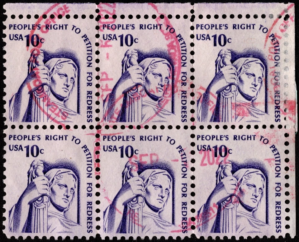 US - 1977 - 10 Cents Violet Right to Petition for Redress # 1592 Block of 6 F-VF - Image 1 of 1