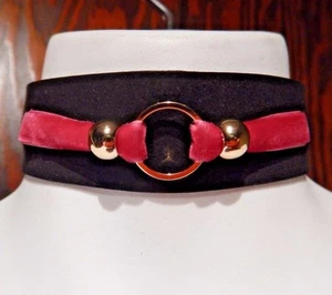 PINK BLACK VELVET & FAUX SUEDE CHOKER gold ring collar necklace emo punk new #U2 - Picture 1 of 4