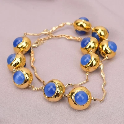 21" Natural Blue Cat eye Stone Gold Edged Plated Spacer Beads Necklace - Image 1 of 4