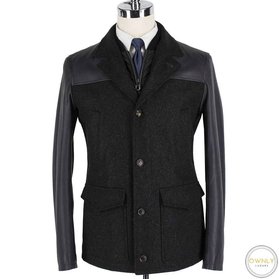 NWOT Salvatore Ferragamo Grey Black Leather Wool Panel Italy Inlay Jacket 40US - Image 1 of 4