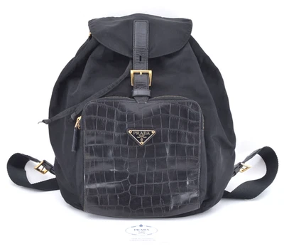 PRADA Tessuto Nylon Backpack Daypack Stamping Black Gold Leather Authentic - Image 1 of 4