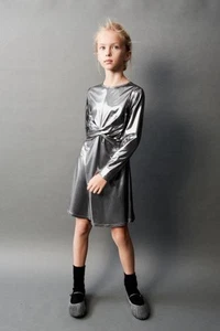 Zara Girls Metallic Silver Knot Dress Size 11–12 Long Sleeve Tween Party Holiday - Picture 1 of 9