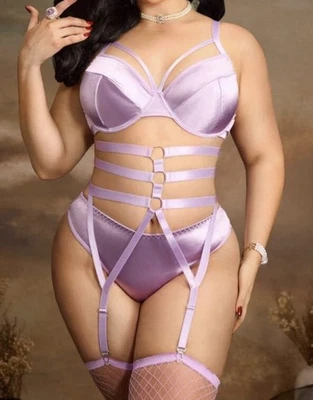 NEW Glossy 2nd Skin satin Lingerie Set Panties 1XL Bra Garter Belt Stockings - Image 1 of 4