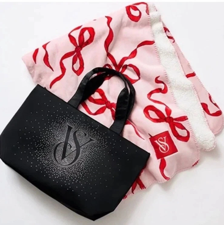 Victoria’s Secret Bows Sherpa Blanket & Black Shine Bling Zippered Tote Bag Set - Image 1 of 1