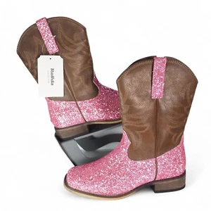 Rollda Sparkle Pink Glitter Faux Leather Western Cowboy Boots NZX38 Youth 5 - Picture 1 of 11