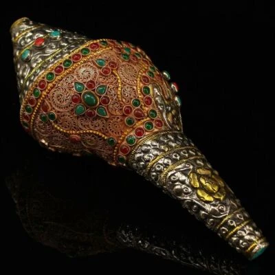 10'' tibet silver filigree gold turquoise red coral gem dragon Buddhism conch Foto 1 de 4