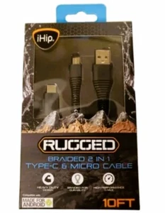 iHip Rugged 2-in-1 Braided 10 Ft USB Type C & Micro USB Cable - Picture 1 of 2