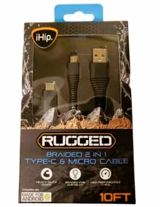 iHip Rugged 2-in-1 Braided 10 Ft USB Type C & Micro USB Cable - Image 1 of 2