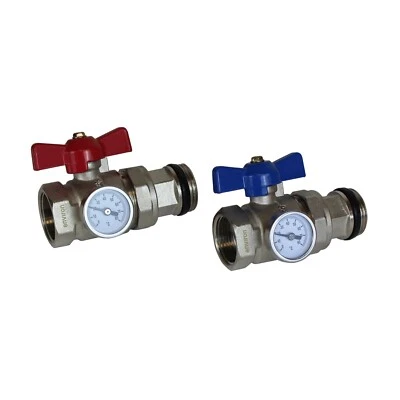 Ball Valve Set for Heating Manifold 1 " Red/Blue, Brass Plated, Horizontal - Image 1 of 2