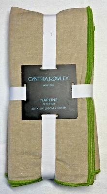 CYNTHIA ROWLEY NEW YORK NAPKINS (6) KHAKI GREEN EDGE 20 X 20 100% COTTON NIP - Image 1 of 2
