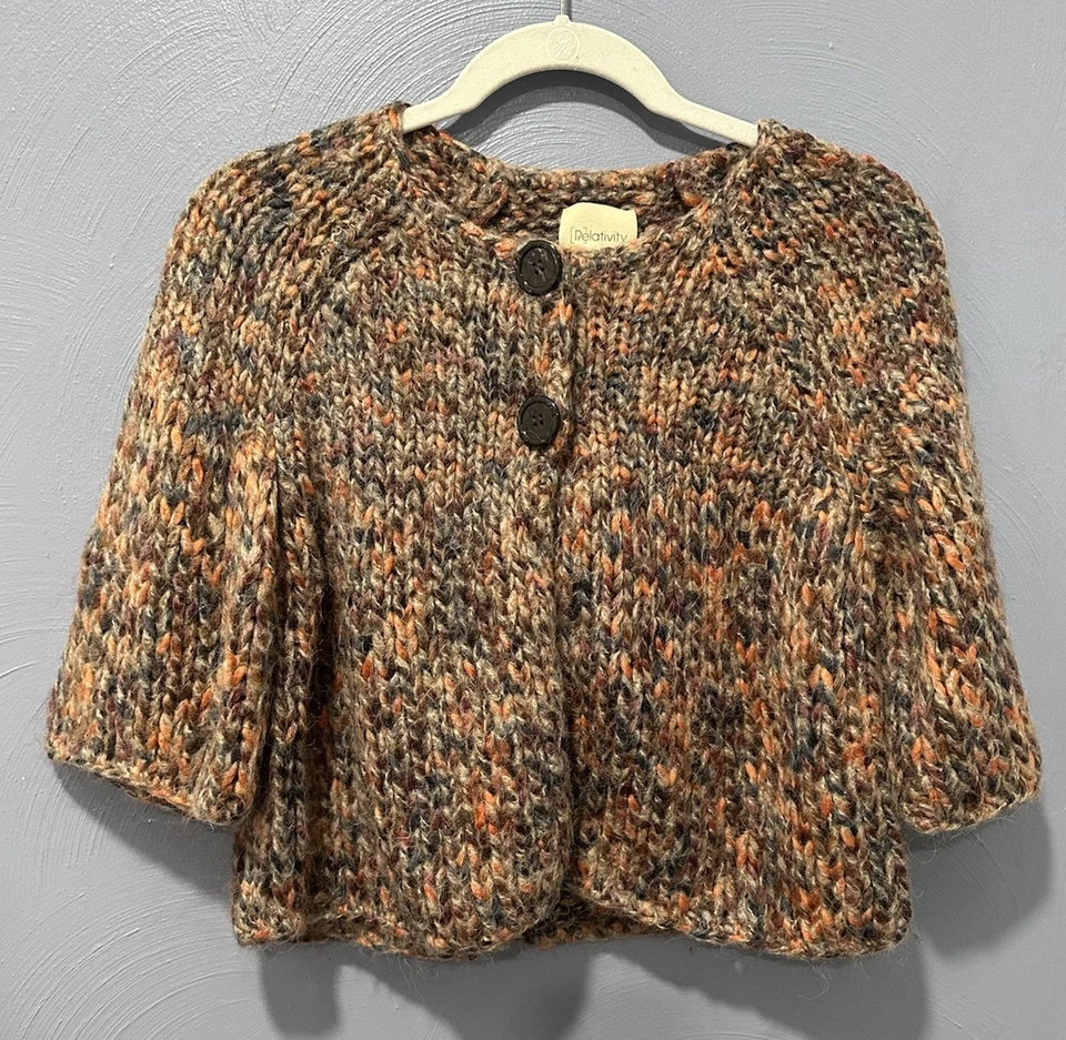 Suéter Mujer PM Naranja Mohair Lana Cárdigan Moteado Acrílico Recortado Foto 1 de 4