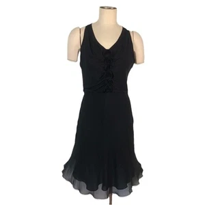 Abito donna Ann Taylor nero 100% seta cravatta schiena scollo a V balza increspata taglia 10P - Foto 1 di 11