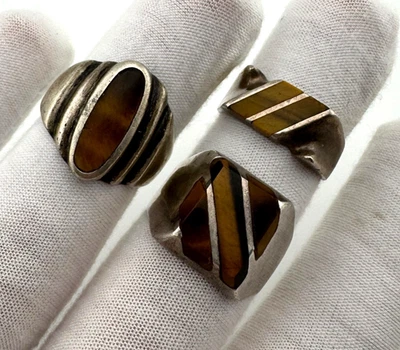 Lote de 3 anillos de plata esterlina ojo de tigre México para hombre vintage 37 g Foto 1 de 4