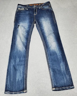 Rock Revival Magnor Easy Straight Women's Jeans 32x30 Blue Distressed Mid Rise - Image 1 of 4