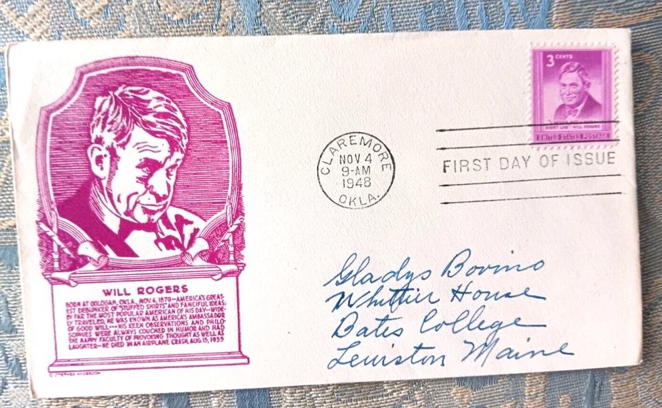 WILL ROGERS AMBASSADOR OF GOODWILL COMEDIAN 1948 PURPLE ANDERSON CACHET FDC - Image 1 of 1