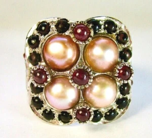 Art Deco 925 St. Silver Ring, With Rubies, Blue Sapphire & Pearls, Size T - Picture 1 of 9