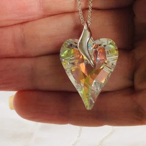 Large 27mm Wild Heart Necklace Pendant AB Silver Made With Austrian Crystals - Picture 1 of 10