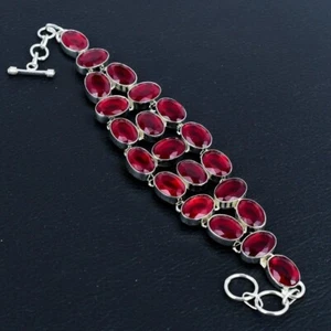 925 Sterling Silver Red Ruby Gemstone Handmade Jewelry Chain Bracelet - Picture 1 of 10